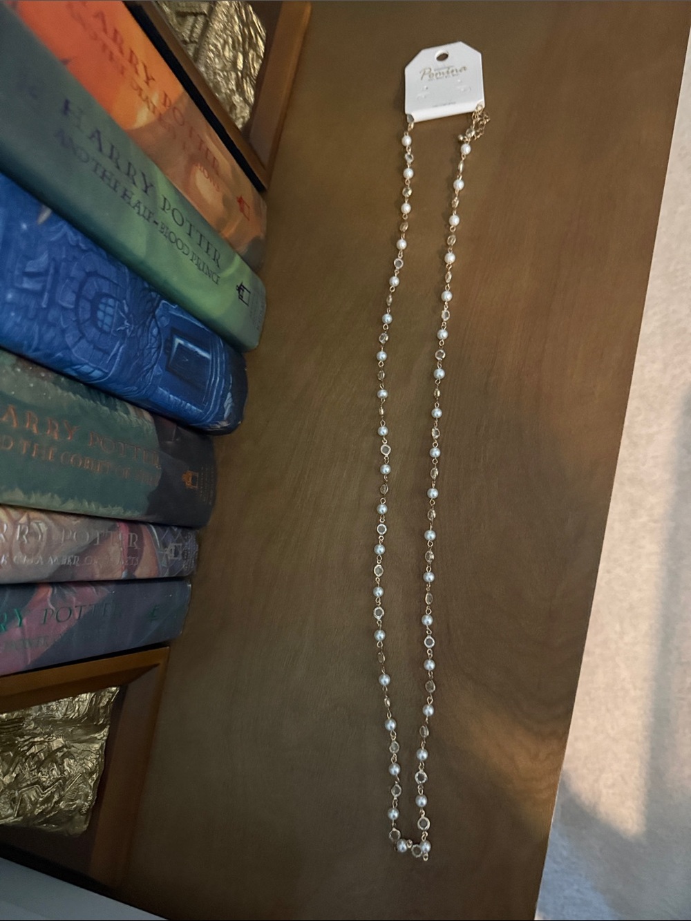 Gold Pearl Station Necklace by Perona - White Pearls
